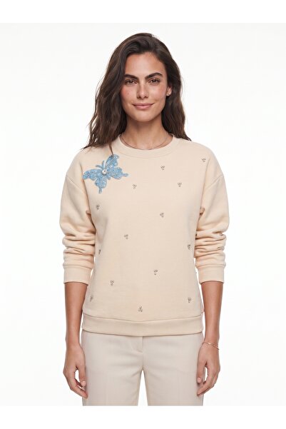 ONLOOX Beige Cotton Crew Neck Three-Yarn Threaded Stone Embroidered Sweatshir...