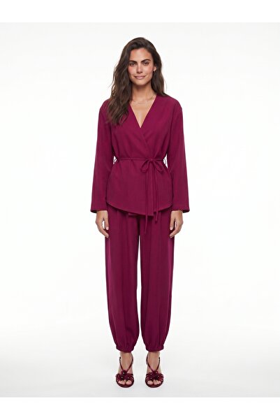 ONLOOX Fuchsia Flowing Fabric Double-Breasted V-Neck Comfortable Fit Waist-Ti...