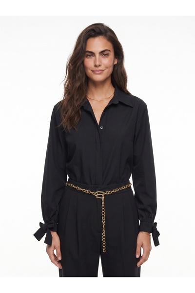 ONLOOX Black Cotton Blend Shirt with Collar and Long Sleeves, Cuff Detail Pop...
