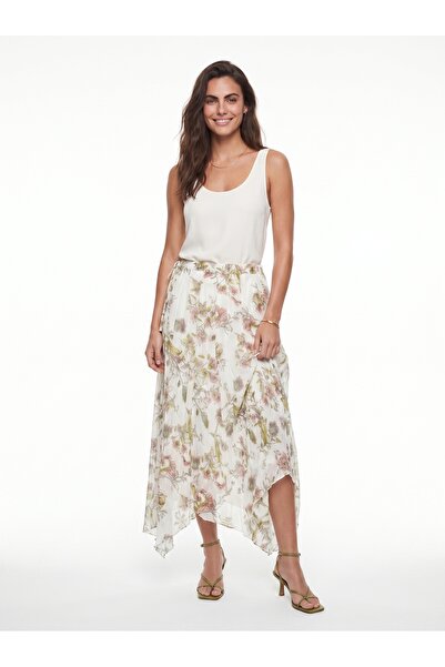 ONLOOX Green Crush Effect Chiffon Elastic Waist Asymmetrical Cut Lined Floral...