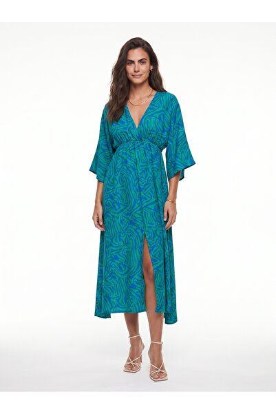 ONLOOX Turquoise Stretchy Fabric Double-Breasted Collar Front Slit Detailed C...