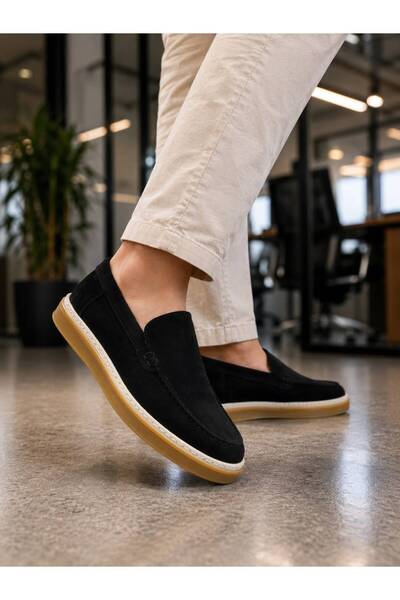 ROYSHOES حذاء لوفر من جلد الغزال الأسود للرجال
