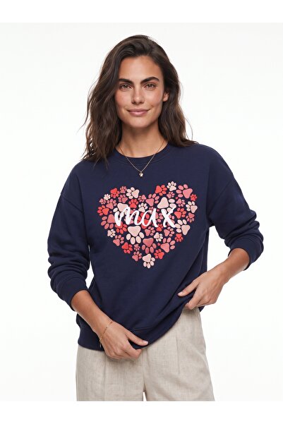 ONLOOX Navy Blue Cotton Three-Thread Ribbed Round Neck Paw Print Comfortable ...