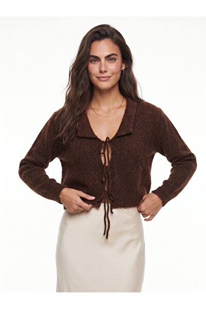 ONLOOX Bitter Brown Wool Blend Knitwear Collared Long Sleeve Knitted Cardigan...