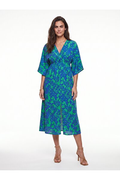 ONLOOX Blue Stretchy Fabric Double-Breasted Collar Dress with Front Slit Deta...