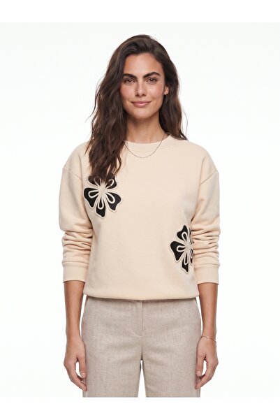 ONLOOX Beige Cotton Crew Neck Long Sleeve Relaxed Fit Floral Embroidered Thre...