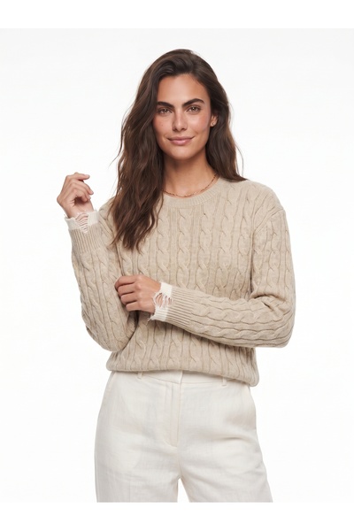 ONLOOX Beige Hair Braid Patterned Crew Neck Comfortable Fit Ripped Cuff Detai...