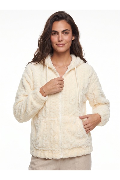 ONLOOX Cream Self-Patterned Plush Hooded Cardigan with Zipper Pocket Detail a...