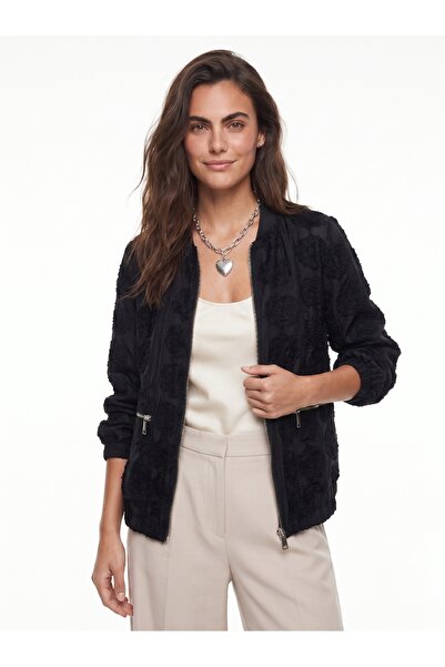 ONLOOX Black Chiffon Fabric Crew Neck Comfortable Fit Embossed Floral Embroid...