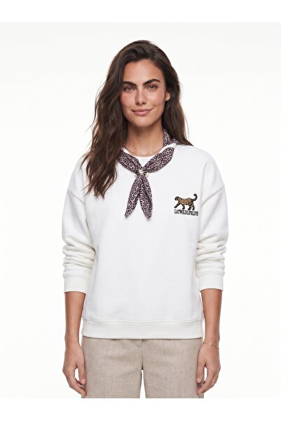 ONLOOX White Cotton Three-Threaded Oversized Leopard Embroidered Sweatshirt w...