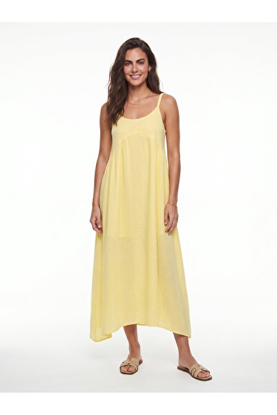 ONLOOX Lemon Yellow Cotton Muslin Hairnet Strap Casual Lined Dress with Pocke...