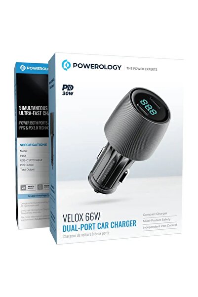 Powerology شاحن سيارة فيلوكس 66 واط بمنفذين أسود اللون