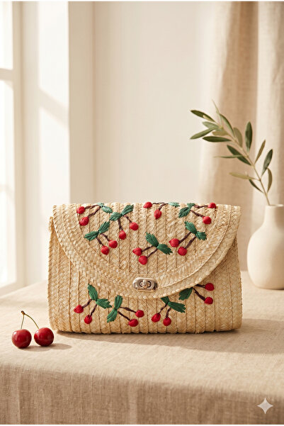 Generic Brand Бежова сламена чанта с десен на череши 19x27 CNT1106