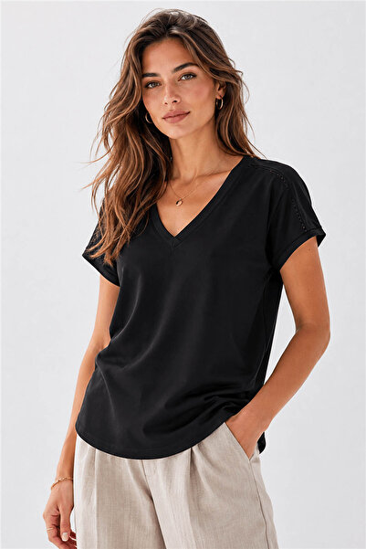 Fashion Friends V-Neck Lace Detailed Black Women's Blouse 26Y0192K1