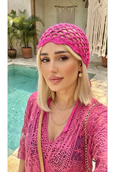 moimaaksesuar قبعة نسائية وردية اللون من نسيج شبكي أنيقة ذات مظهر محبوك وموسمية