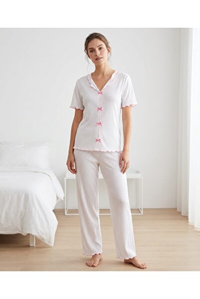 Sude HOMEWEAR Set de pijamale pentru femei, roz, cu model cu buline, cu mânec...