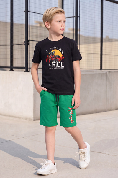 FYK KİDS Summer Round Neck Motorcycles Print Detailed Boys' Top and Bottom Set