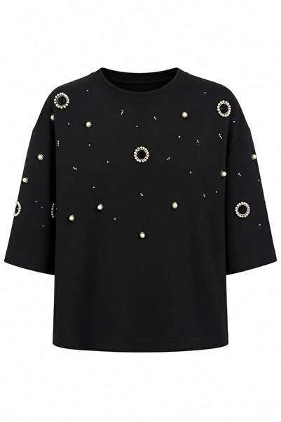 HAZELANNA Delikli Taşlı Siyah Tshirt