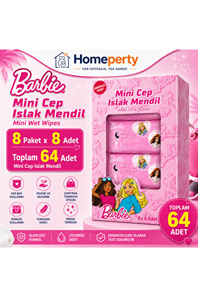 PAWPERTY Barbie Mini Cep Islak Mendil 64 Adet (8x8) Alkolsüz Cep Boy Islak Me...