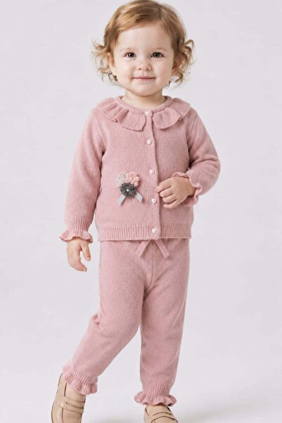 Cantoy Floral Appliqué Ruffle Collar Knitwear Baby Set