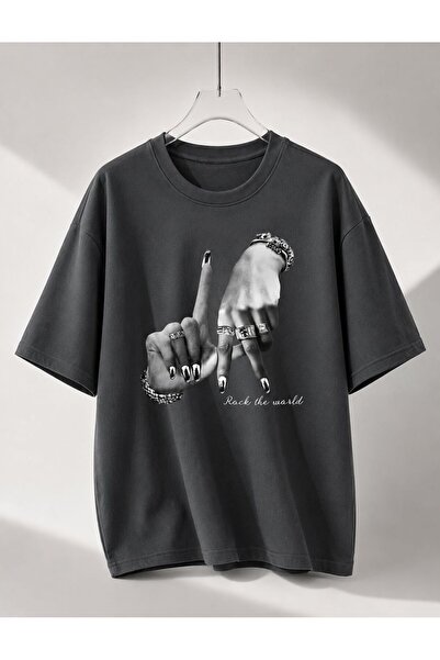 SİBELİZE Unisex Oversize Rock the World Printed T-Shirt