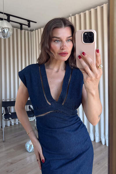Sue Store Navy Blue Mesh Detailed Slit Denim Dress