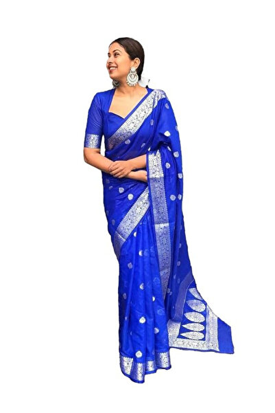 MYSMAR Blue Banarasi-Style Saree with Silver Zari Work - MAF3128 | Blue