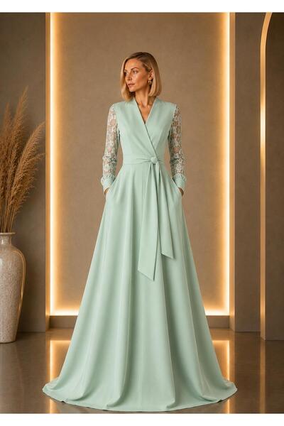 ALYEL NAKER Double-Breasted Closure & Lace Sleeve Detail Maxi Crepe Dress