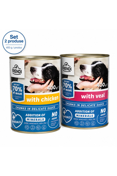 FRENDİ Dog, hrana umeda pentru caini, Set 2 conserve, Mix Pui, Vitel, 2 x 400 g