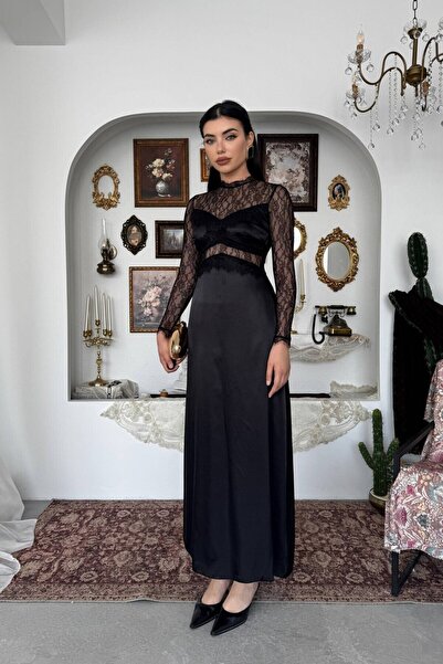 Caddebostan Moda Lace Detailed Long Sleeve Transparent Evening Dress Stylish ...