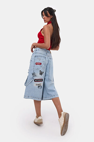 it's basic İts basic Kadın Kot Rengi Tasarım Baggy Bermuda Denim Şort