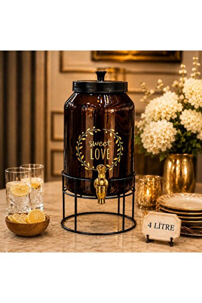 Molino 4 LT Amber Metal Kapaklı Cam Sebil & Şerbetlik Akıtmaz Musluk