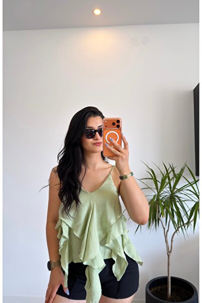 ROSYPOSY Kadın fırfırlı pembe askılı bluz