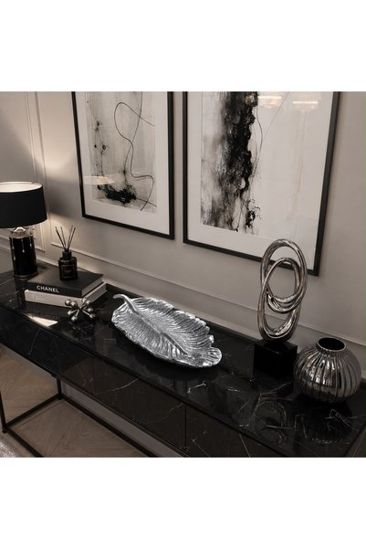 MİREVA 40 cm Silver Leaf Decorative Tray, Large Size Stone Powder Console and Coffee Table Accessory