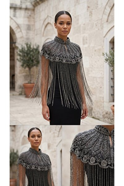 Rabiossa Kadın Terra Boncuk İşlemeli Abiye Pelerin