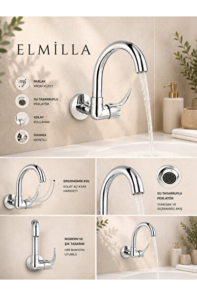 elmilla Duvara Monteli Tek Su Çıkışlı Pipo Köşe Borulu Lavabo-Eviye Bataryası...