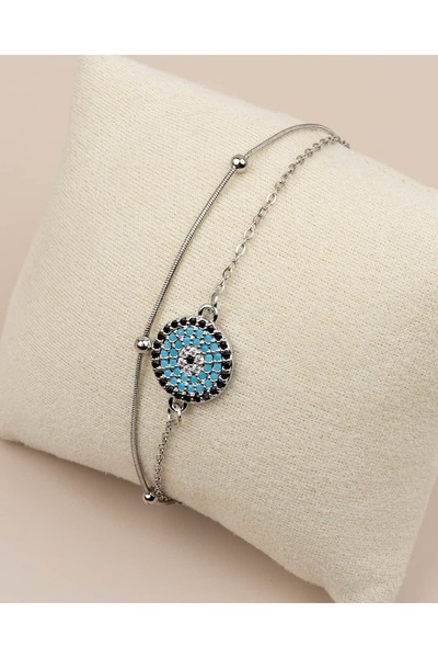 Portakal Esintisi Zenvira Zircon Stone Evil Eye Round Steel Bracelet