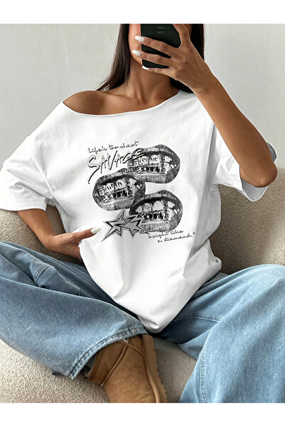 OVER HEAD Tricou Savage pentru femei, cu imprimeu, cu gât barcă și umeri goi,...