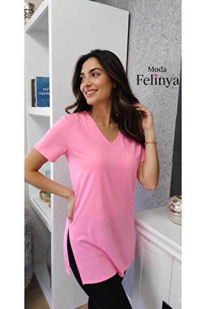 moda felinya KADIN KISA KOLLU V YAKA PEMBE RENK TAYT ÜZERİ KULLANIM İÇİN İDEA...