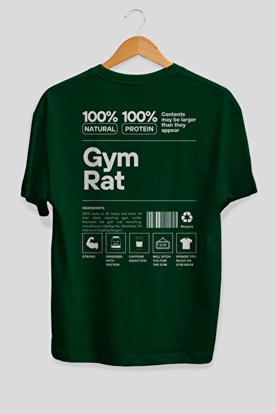Ankhises Tricou verde cu imprimeu pe spate Gym Rat, supradimensionat, 100% bu...