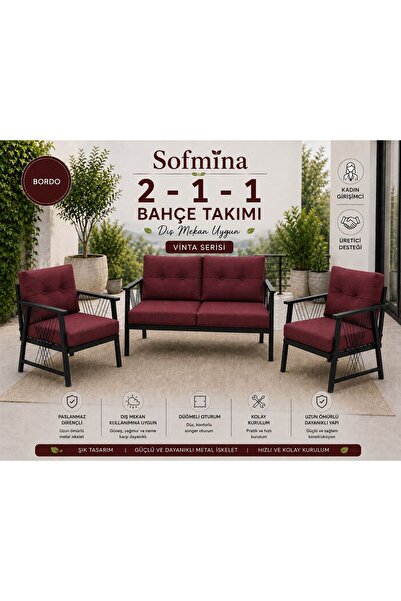 Sofmina Vinta Bordo Bahçe Mobilyası Seti 2+1+1 - Metal İskelet Balkon Bahçe T...