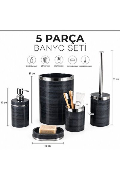 HÜCO BAZAAR Kaliteli Şık 5 Parça Mermer Desen Banyo Seti (Çöp Kovası, Wc Fırç...
