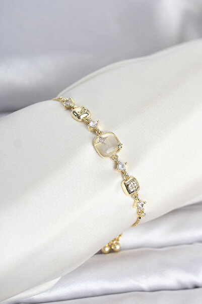 Lisinya Gold Color Brass Pearlescent Women's Bracelet with Elevator Chain -