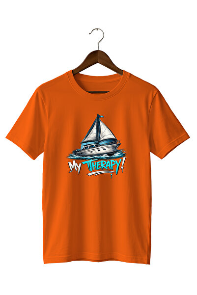 WİDİ Sailboat and Sea My Therapy Street Style Printed T-Shirt 100% Cotton