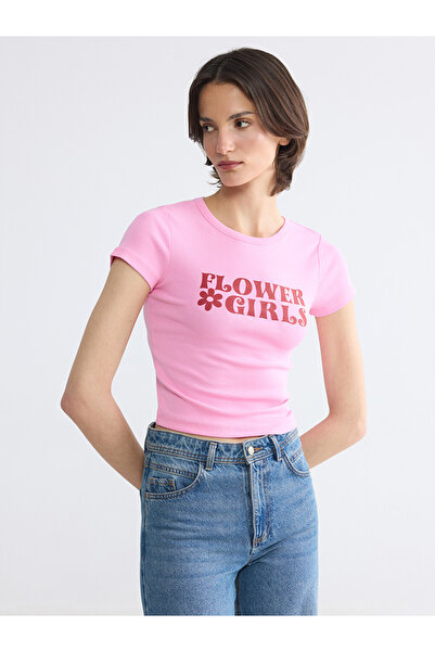 LC Waikiki Pink Crew Neck Printed Women's Ribbed T-Shirt