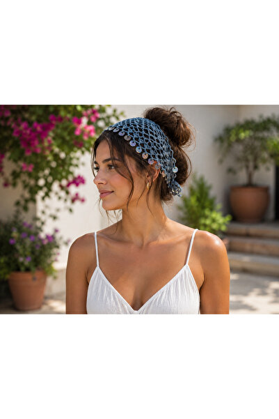 Aygül Home Mavi simli ve pullu bandana