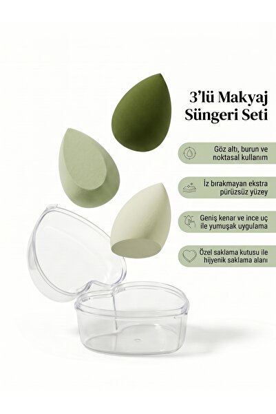 MFK COSMETİC Kalp Kutulu 3'lü Profesyonel Makyaj Süngeri- Yeşil Tonları