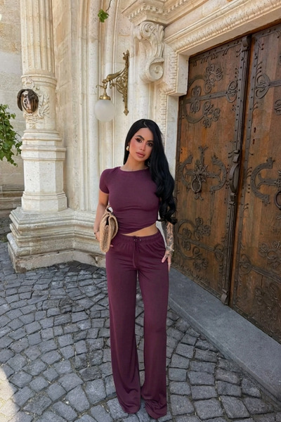 Siner Fashion طقم نسائي من القطن يتكون من بلوزة وبنطلون بياقة قاربية بلون الب...
