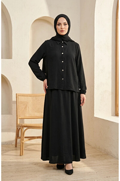 sefamerve Shirt Collar Snap Fastener Hijab Double Set 2281-04 Black