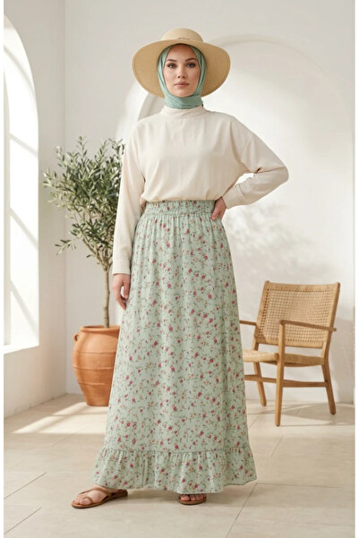 sefamerve Elastic Waist Floral Patterned Skirt 0317-01 Khaki